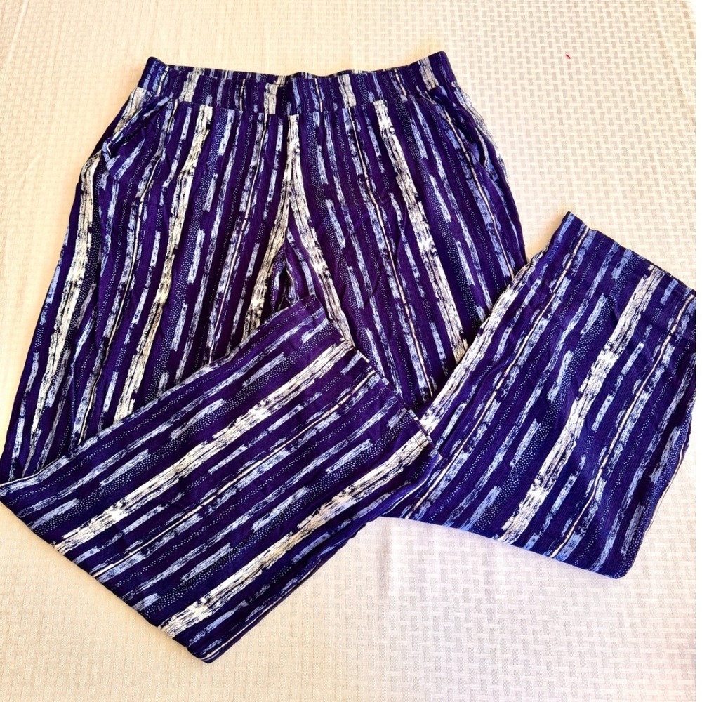Three Dots Boho Wide Leg Striped Pants Purple White XL Elastic Waist Pockets